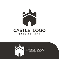 Castle logo silhouette, castle logo with shield combination design vector illustration template.