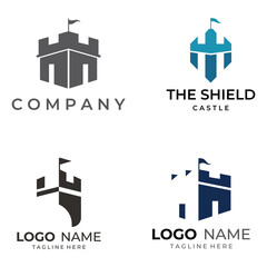 Obraz premium Castle logo silhouette, castle logo with shield combination design vector illustration template.