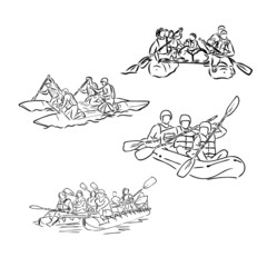Hand sketch of people on a raft river rafting vector - obrazy, fototapety, plakaty
