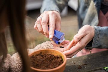 Woman putting seeds at the hand of her child girl while gardening at the street