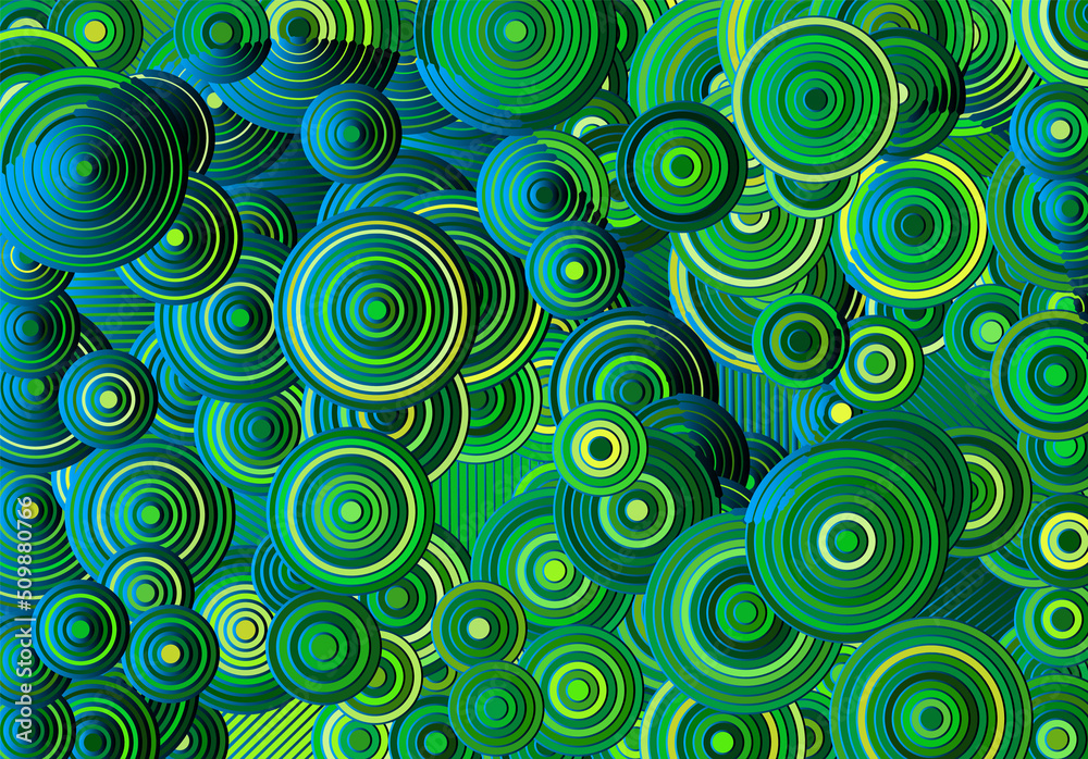 Poster Abstract psychedelic background with circles and lines of various widths in retro optical illusion style.