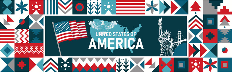 4th of July, USA or United States of America independence day banner. Red Blue abstract retro background design with statue of liberty, American flag and map. National eagle. Vector Illustration.