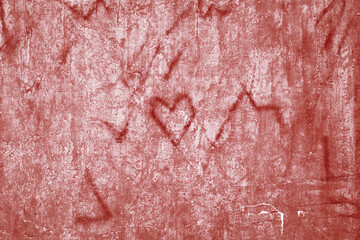 Fototapeta premium Abstract pattern of hearts, lines and cracks on the background. Grunge beautiful red wall with cracks on the plaster with space for text or image. The art of rough stylized texture. Happy Valentine