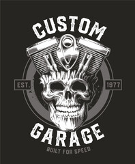 Custom Garage. Skull with motorcycle engine