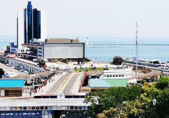 
View of the sea station in Odessa. Port city, beautiful top view of the buildings, light photo on the background of the sea