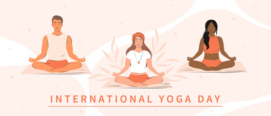 International Yoga Day. Various people practicing yoga together and meditating. Vector illustration