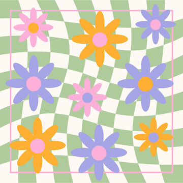 1970s Retro Daisy pattern groovy trippy. Trippy Grid, Wavy Swirl Pattern. Seventies Style, Groovy Background, Wallpaper. Hippie Aesthetic. Vector Illustration, Flat Design