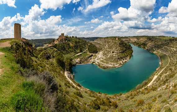Panoramic views of the medieval town of Alarcon, with the swamp and the castle in Cuenca, Spain.