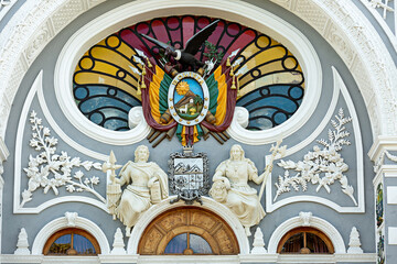 Fragment of a colonial government building on May 25 Square in the city of Sucre .Bolivia