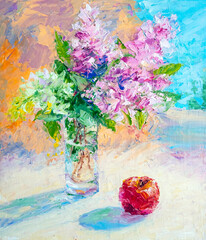 Spring flower bouquet in glass vase. Oil painting on canvas