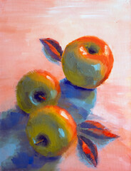 Still life with apples in red light. Oil painting