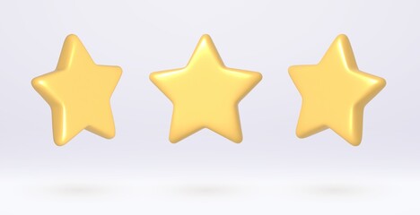 3d stars, realistic yellow rating decoration for web, customer feedback icon isolated on gray background. Vector illustration.