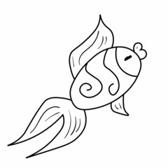 Black doodle fish vector illustration. Animal icon for kids. Line art on white background.