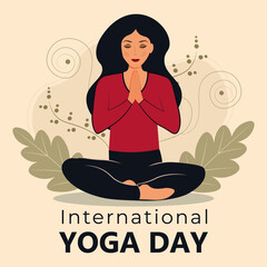 International Yoga Day 21 of June celebration poster. Woman meditating practicing vector illustration