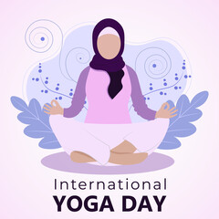Fototapeta na wymiar International Yoga Day 21 of June celebration poster. Woman in hijab meditating practicing vector illustration