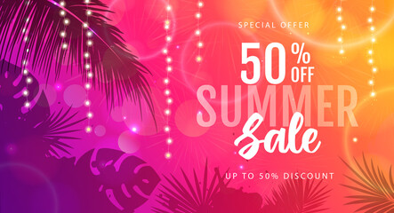 Summer big sale poster with tropic leaves and string of lights. Summer party background. Vector illustration