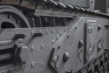 Side view of track on a WWII era military tank, daylight, nobody