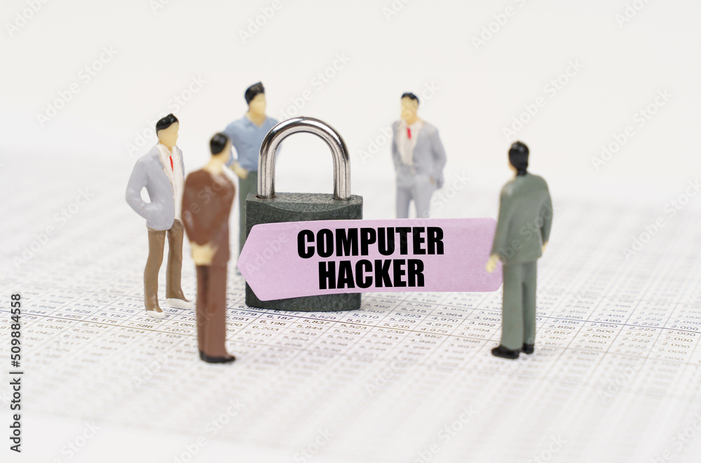 Poster There are figures of people on business reports, a padlock with a sticker on which it is written - Computer hacker