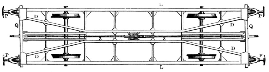 Undercarriage with two axles and a fixed wheelbase. Publication of the book "Meyers Konversations-Lexikon", Volume 2, Leipzig, Germany, 1910