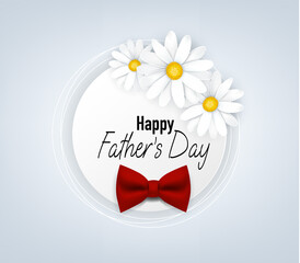 Fathers Day greeting card. Red bow tie on white cirle banner background with flowers. Vector illustration.