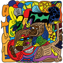 doodle art kong giant abstract guitar of many colors