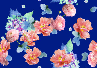 Fototapeta na wymiar Trendy big digital floral seamless photo pattern with tulips and hydrangeas on dark blue background.