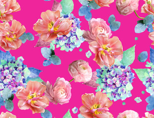 Trendy digital floral seamless photo pattern with tulips and hydrangeas on fuchsia color background.