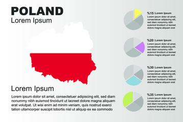 Poland infographic general use vector template with pie chart, copy space statistics idea, Poland country flag map with graphic, presentation idea, blank area graph for data, grey background