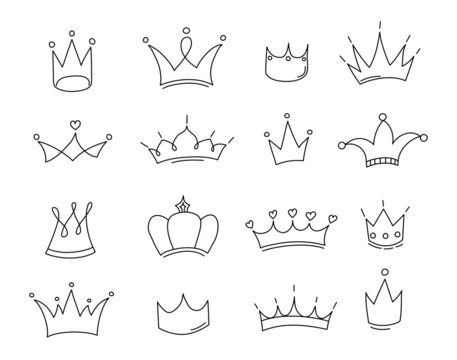 Hand drawn set of doodle crowns. Vector illustration..