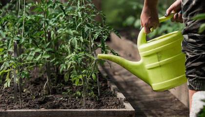 Close-up of the hands of a female gardener with a watering can. Planting and watering tomato seedlings in the ground. The concept of agriculture and natural harvest. © Юлия Клюева