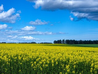Field of yellow Rapeseed flowers, extending to a tree lined horizon, with deep blue sky and clouds above. Bright colored landscape, Scotland, UK.