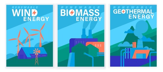 Renewable energy source posters collection. Vector illustration