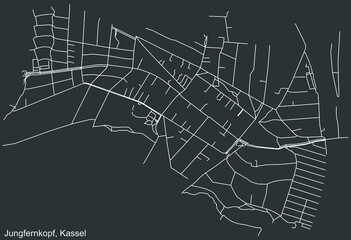 Detailed negative navigation white lines urban street roads map of the JUNGFERNKOPF DISTRICT of the German regional capital city of Kassel, Germany on dark gray background