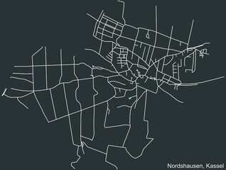 Detailed negative navigation white lines urban street roads map of the NORDSHAUSEN DISTRICT of the German regional capital city of Kassel, Germany on dark gray background