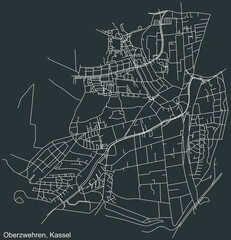 Detailed negative navigation white lines urban street roads map of the OBERZWEHREN DISTRICT of the German regional capital city of Kassel, Germany on dark gray background