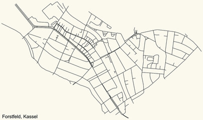 Detailed navigation black lines urban street roads map of the FORSTFELD DISTRICT of the German regional capital city of Kassel, Germany on vintage beige background