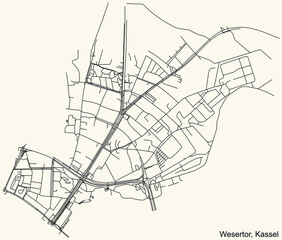 Detailed navigation black lines urban street roads map of the WESERTOR DISTRICT of the German regional capital city of Kassel, Germany on vintage beige background