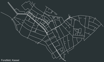 Detailed negative navigation white lines urban street roads map of the FORSTFELD DISTRICT of the German regional capital city of Kassel, Germany on dark gray background