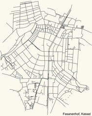 Detailed navigation black lines urban street roads map of the FASANENHOF DISTRICT of the German regional capital city of Kassel, Germany on vintage beige background