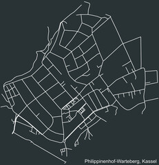 Detailed negative navigation white lines urban street roads map of the PHILIPPINENHOF-WARTEBERG DISTRICT of the German regional capital city of Kassel, Germany on dark gray background