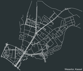Detailed negative navigation white lines urban street roads map of the WESERTOR DISTRICT of the German regional capital city of Kassel, Germany on dark gray background
