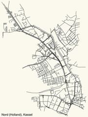 Obraz premium Detailed navigation black lines urban street roads map of the NORD-HOLLAND DISTRICT of the German regional capital city of Kassel, Germany on vintage beige background