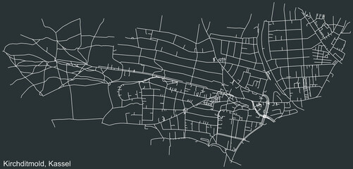 Detailed negative navigation white lines urban street roads map of the KIRCHDITMOLD DISTRICT of the German regional capital city of Kassel, Germany on dark gray background