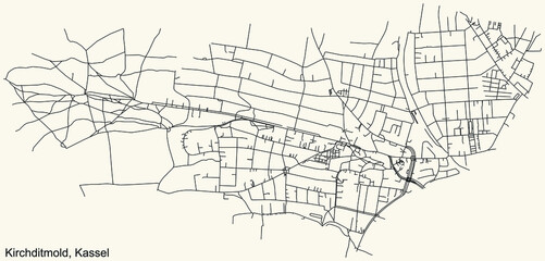 Detailed navigation black lines urban street roads map of the KIRCHDITMOLD DISTRICT of the German regional capital city of Kassel, Germany on vintage beige background