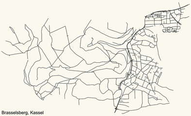 Detailed navigation black lines urban street roads map of the BRASSELSBERG DISTRICT of the German regional capital city of Kassel, Germany on vintage beige background