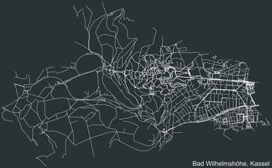 Detailed negative navigation white lines urban street roads map of the BAD WILHELMSHÖHE DISTRICT of the German regional capital city of Kassel, Germany on dark gray background