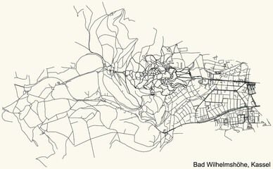 Detailed navigation black lines urban street roads map of the BAD WILHELMSHÖHE DISTRICT of the German regional capital city of Kassel, Germany on vintage beige background