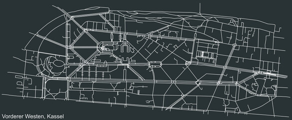 Detailed negative navigation white lines urban street roads map of the VORDERER WESTEN DISTRICT of the German regional capital city of Kassel, Germany on dark gray background