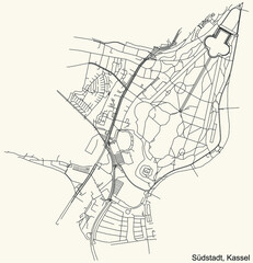 Detailed navigation black lines urban street roads map of the SÜDSTADT DISTRICT of the German regional capital city of Kassel, Germany on vintage beige background