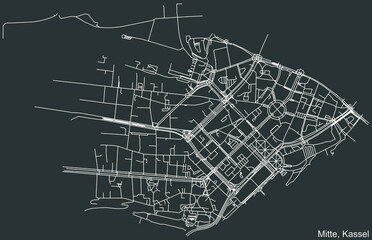 Detailed negative navigation white lines urban street roads map of the MITTE DISTRICT of the German regional capital city of Kassel, Germany on dark gray background